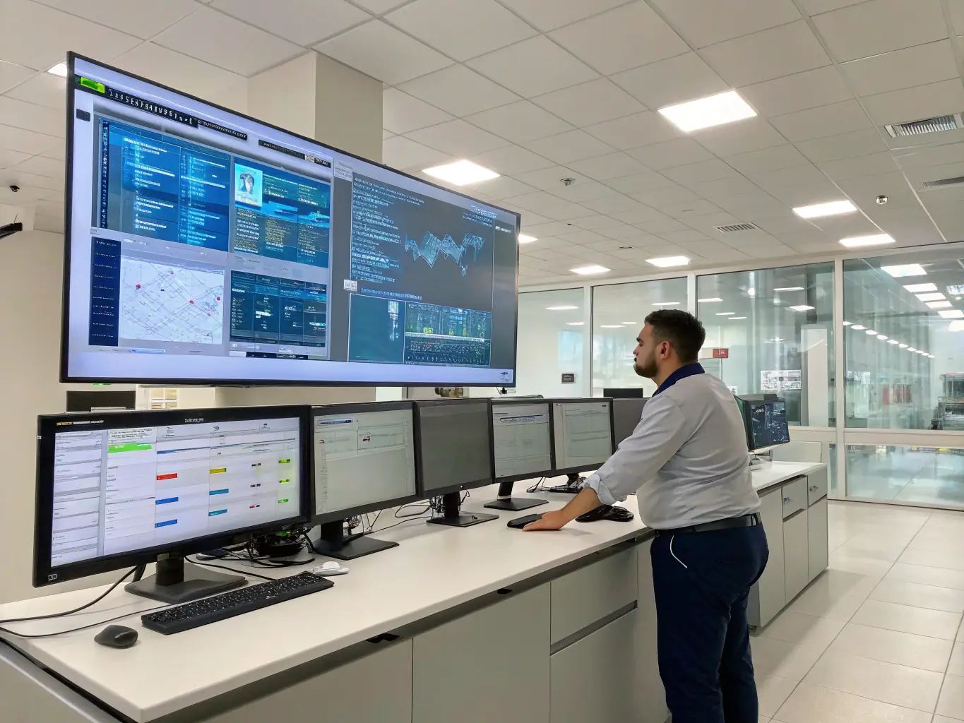 A technician configuring AI software on a computer with a small business team observing.