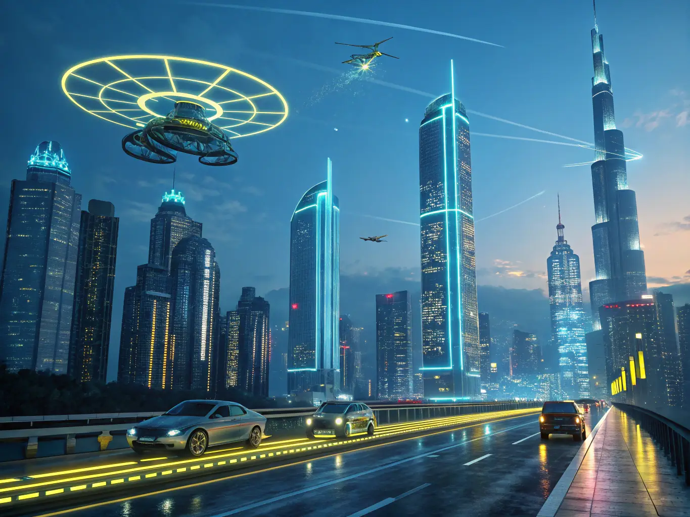 A futuristic cityscape with AI interfaces overlayed, symbolizing the integration of AI in various business sectors.