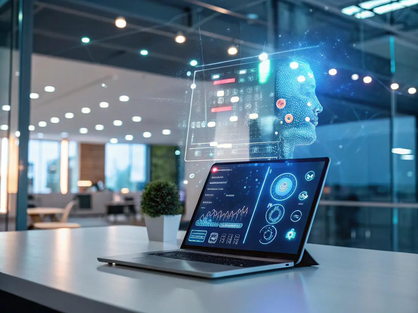 A futuristic interface displays AI-driven solutions, highlighting the innovative approaches used to enhance business operations.