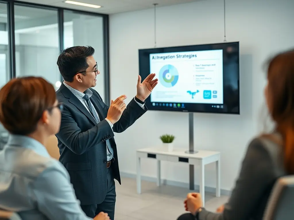 A consultant is working with a small business owner, pointing at a dashboard displaying AI-driven analytics and insights.