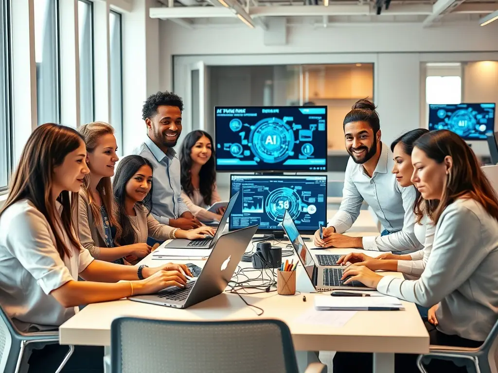 A team of AI specialists is collaborating on a project, showcasing the seamless deployment of AI tools and systems.