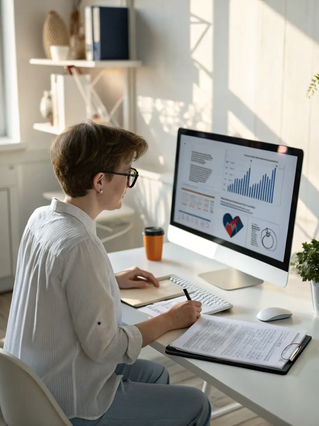 A consultant sitting at a desk, reviewing data on a computer screen, with charts and graphs visible, in a modern office setting, emphasizing data analysis and strategic planning for a small business.