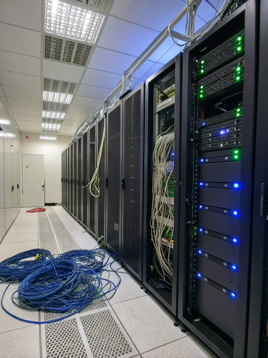 A secure server room with blinking lights and visible cybersecurity measures, emphasizing the importance of data protection for a small business.