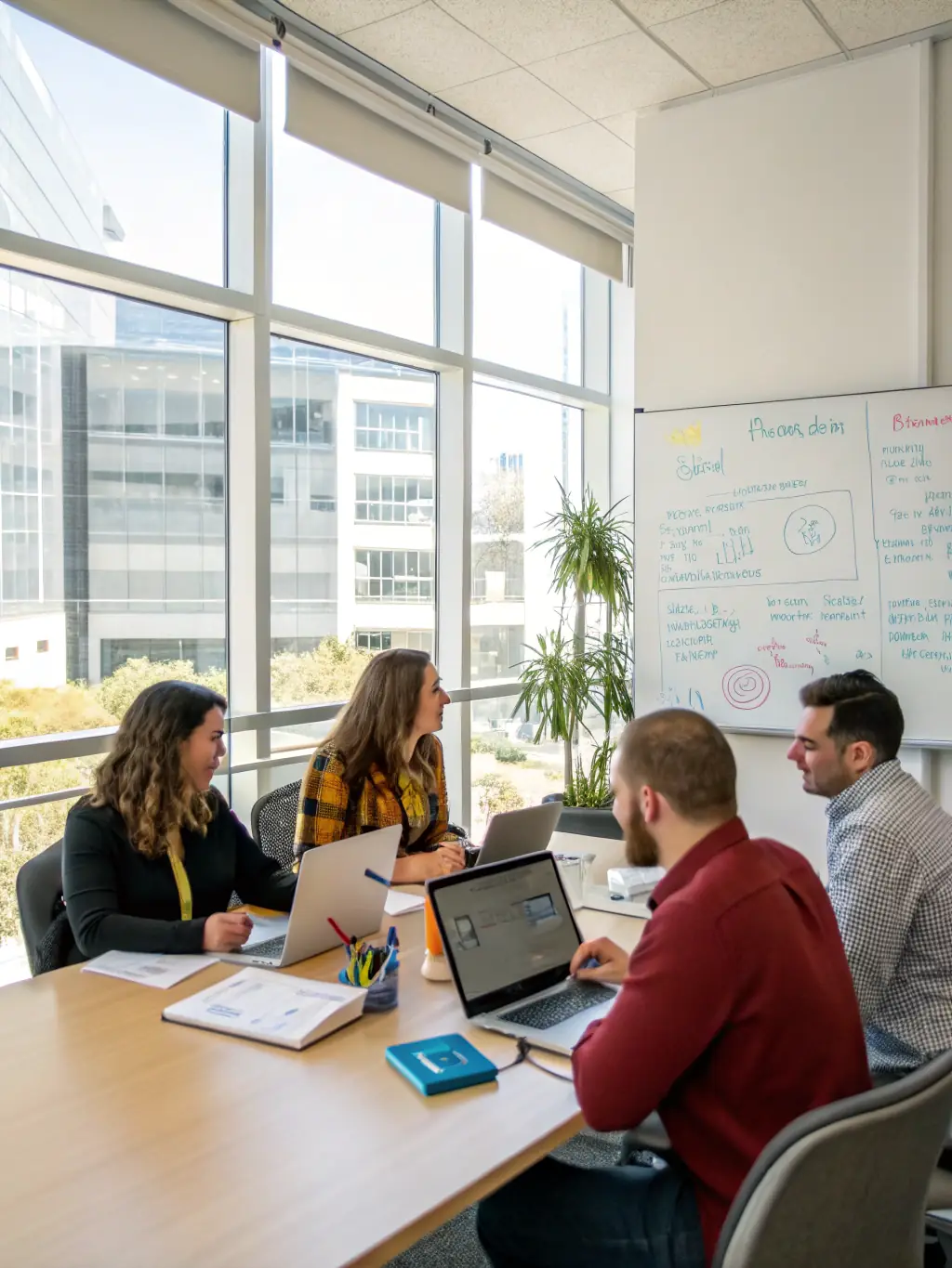 A diverse team of AI consultants brainstorming in a brightly lit conference room, with sticky notes on a whiteboard, representing collaborative problem-solving for a small business.